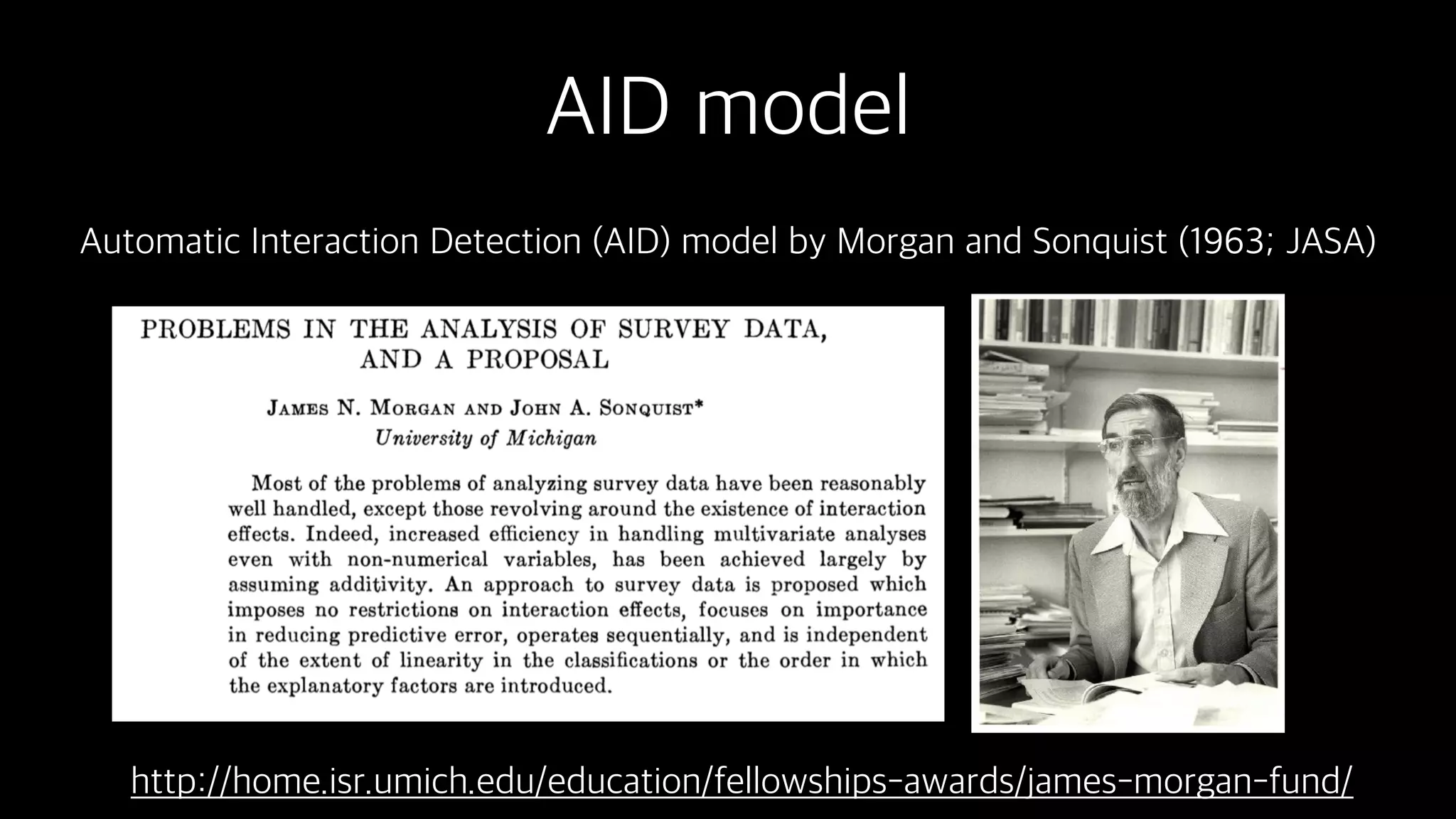 AID model
Automatic Interaction Detection (AID) model by Morgan and Sonquist (1963; JASA)
http://home.isr.umich.edu/education/fellowships-awards/james-morgan-fund/
 