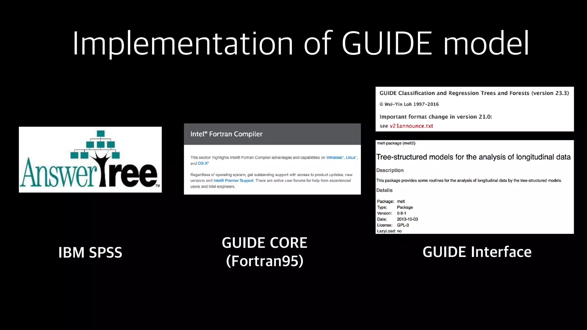 Implementation of GUIDE model
IBM SPSS
GUIDE CORE 
(Fortran95)
GUIDE Interface
 