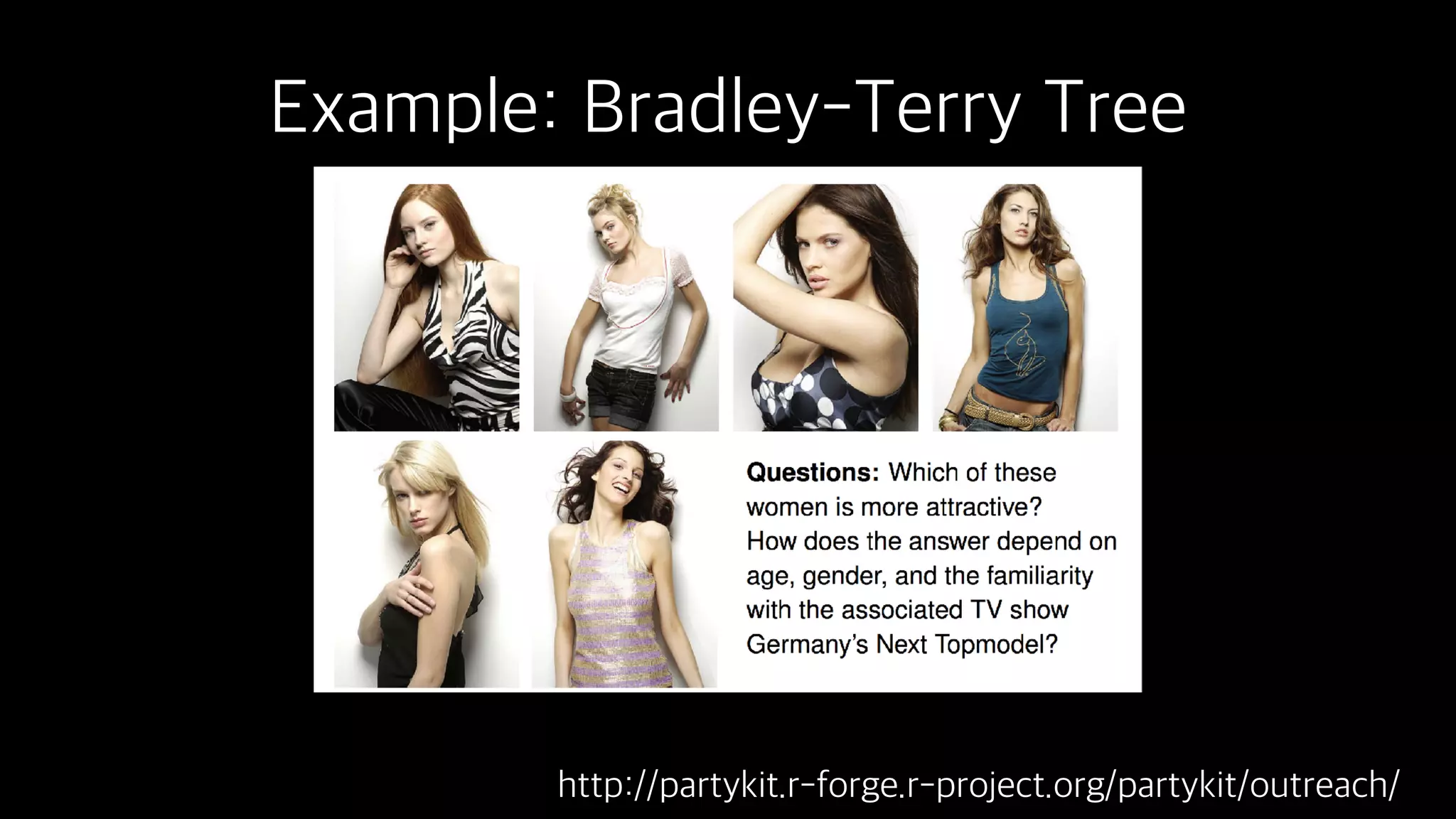 Example: Bradley-Terry Tree
http://partykit.r-forge.r-project.org/partykit/outreach/
 