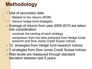 Methodology
   Use of secondary data
    ◦ Related to the returns (ROR)
    ◦ Various hedge fund strategies
   Average of returns from year 2006-2010 are taken
    into consideration
    ◦ conclude the ranking of each strategy
    ◦ comparison from the data extracted from Hedge funds
      research and Dow Jones Credit Suisse indices.
 12 strategies from Hedge fund research indices
 7 strategies from Dow Jones Credit Suisse indices
 Risk levels are measured through standard
  deviation between last 5 years.
 