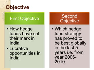 Objective
                          Second
 First Objective
                         Objective
• How hedge          • Which hedge
  funds have set       fund strategy
  their mark in        has proved to
  India                be best globally
• Lucrative            in the last 5
  opportunities in     years i.e. from
  India                year 2006-
                       2010.
 