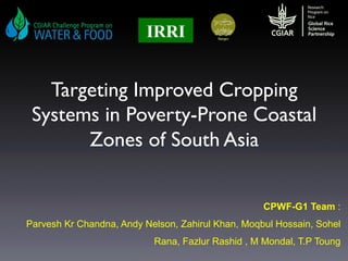 Targeting Improved Cropping
Systems in Poverty-Prone Coastal
Zones of South Asia
IRRI
CPWF-G1 Team :
Parvesh Kr Chandna, Andy Nelson, Zahirul Khan, Moqbul Hossain, Sohel
Rana, Fazlur Rashid , M Mondal, T.P Toung
 