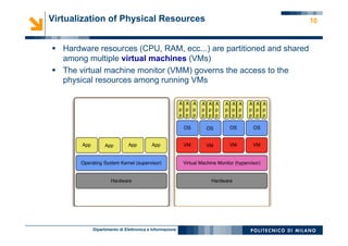 Dipartimento di Elettronica e Informazione
10
§  Hardware resources (CPU, RAM, ecc...) are partitioned and shared
among multiple virtual machines (VMs)
§  The virtual machine monitor (VMM) governs the access to the
physical resources among running VMs
Virtualization of Physical Resources
 