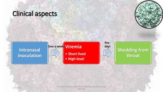 Clinical aspects
Intranasal
inoculation
Viremia
• Short lived
• High level
Shedding from
throat
2/19/2016
Dr. Kaveh Haratian, Dept. of Microbiology and Immunology,
ABZUMS
19
Over a week
few
days
 