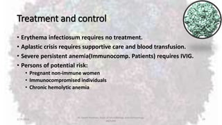 Treatment and control
• Erythema infectiosum requires no treatment.
• Aplastic crisis requires supportive care and blood transfusion.
• Severe persistent anemia(Immunocomp. Patients) requires IVIG.
• Persons of potential risk:
• Pregnant non-immune women
• Immunocompromised individuals
• Chronic hemolytic anemia
2/19/2016
Dr. Kaveh Haratian, Dept. of Microbiology and Immunology,
ABZUMS
29
 