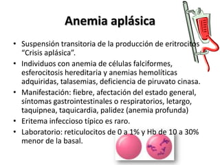 Anemia aplásicaSuspensión transitoria de la producción de eritrocitos “Crisis aplásica”.Individuos con anemia de células falciformes, esferocitosis hereditaria y anemias hemolíticas adquiridas, talasemias, deficiencia de piruvatocinasa.Manifestación: fiebre, afectación del estado general, síntomas gastrointestinales o respiratorios, letargo, taquipnea, taquicardia, palidez (anemia profunda)Eritema infeccioso típico es raro.Laboratorio: reticulocitos de 0 a 1% y Hb de 10 a 30% menor de la basal.