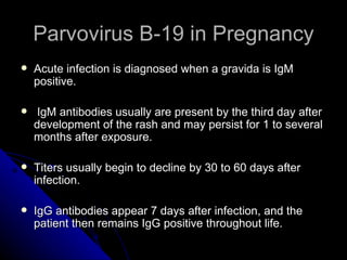 Parvovirus B-19 in Pregnancy Acute infection is diagnosed when a gravida is IgM positive. IgM antibodies usually are present by the third day after development of the rash and may persist for 1 to several months after exposure. Titers usually begin to decline by 30 to 60 days after infection. IgG antibodies appear 7 days after infection, and the patient then remains IgG positive throughout life. 