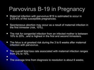 Parvovirus B-19 in Pregnancy Maternal infection with parvovirus B19 is estimated to occur in 0.25-6% of the susceptible pregnancies. Spontaneous abortion may occur as a result of maternal infection in the first trimester (risk, 10%). The risk for congenital infection from an infected mother is between 10% to 20% , and is highest in the first and second trimesters. The fetus is at greatest risk during the 3 to 6 weeks after maternal infection with parvovirus. The overall fetal loss rate associated with maternal infection ranges from 2% to 10%. The average time from diagnosis to resolution is about 6 weeks.  