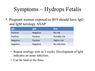 Symptoms – Hydrops Fetalis
• Pregnant women exposed to B19 should have IgG
and IgM serology ASAP
– Repeat serology tests in 3 weeks. Development of IgM
indicates an acute infection.
– Can be fatal to the fetus
IgG IgM Risk
Positive Negative No risk
Positive Positive Possible risk
Negative Positive Higher risk
Negative Negative No infection