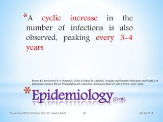 *Epidemiology(Cont.)
*A cyclic increase in the
number of infections is also
observed, peaking every 3-4
years
08/10/2018Parvovirus 3B19 infection Prof. Dr. Saad S AlAni 16
Brown KE. Parvovirus B19. Bennet JE, Dolin R, Blaser M. Mandell, Douglas and Bennett's Principals and Practice of
Infectious Diseases. 8th ed. Philadelphia, PA: Churchill Livingstone Elsevier; 2015. Vol 2: 1840-1847.
 