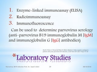08/10/2018Parvovirus 3B19 infection Prof. Dr. Saad S AlAni 39
*Laboratory Studies
1. Enzyme-linked immunoassay (ELISA)
2. Radioimmunoassay
3. Immunofluorescence
Can be used to determine parvovirus serology
(anti–parvovirus B19 immunoglobulin M [IgM]
and immunoglobulin G [IgG] antibodies)
Bredl S, Plentz A, Wenzel JJ, Pfister H, Möst J, Modrow S. False-negative serology in
patients with acute parvovirus B19 infection. J Clin Virol. 2011 Jun. 51(2):115-20.
 