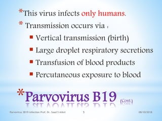 *Parvovirus B19 (Cont.)
*This virus infects only humans.
* Transmission occurs via :
 Vertical transmission (birth)
 Large droplet respiratory secretions
 Transfusion of blood products
 Percutaneous exposure to blood
08/10/2018Parvovirus 3B19 infection Prof. Dr. Saad S AlAni 5
 