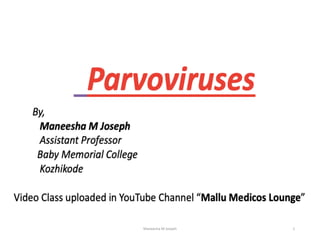 Parvoviruses
By,
Maneesha M Joseph
Assistant Professor
Baby Memorial College
Kozhikode
Video Class uploaded in YouTube Channel “Mallu Medicos Lounge”
Maneesha M Joseph 1
 
