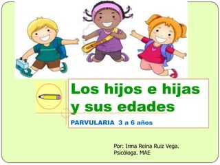 Los hijos e hijas
y sus edades
PARVULARIA 3 a 6 años
Por: Irma Reina Ruiz Vega.
Psicóloga. MAE
 