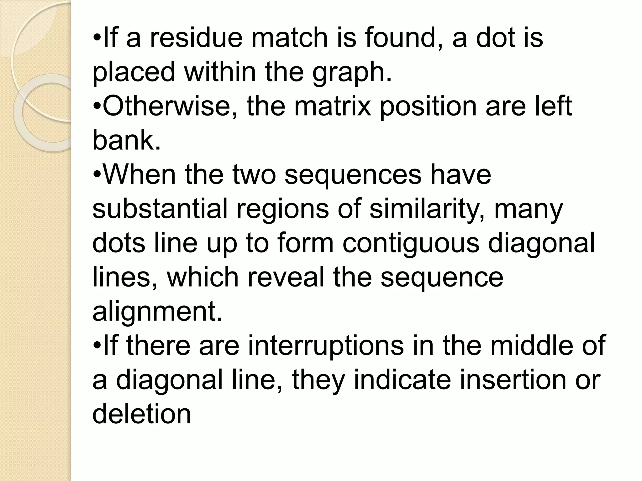 •If a residue match is found, a dot is
placed within the graph.
•Otherwise, the matrix position are left
bank.
•When the two sequences have
substantial regions of similarity, many
dots line up to form contiguous diagonal
lines, which reveal the sequence
alignment.
•If there are interruptions in the middle of
a diagonal line, they indicate insertion or
deletion
 