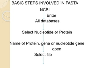 NCBI
Enter
All databases
Select Nucleotide or Protein
Name of Protein, gene or nucleotide gene
open
Select file
BASIC STEPS INVOLVED IN FASTA
 