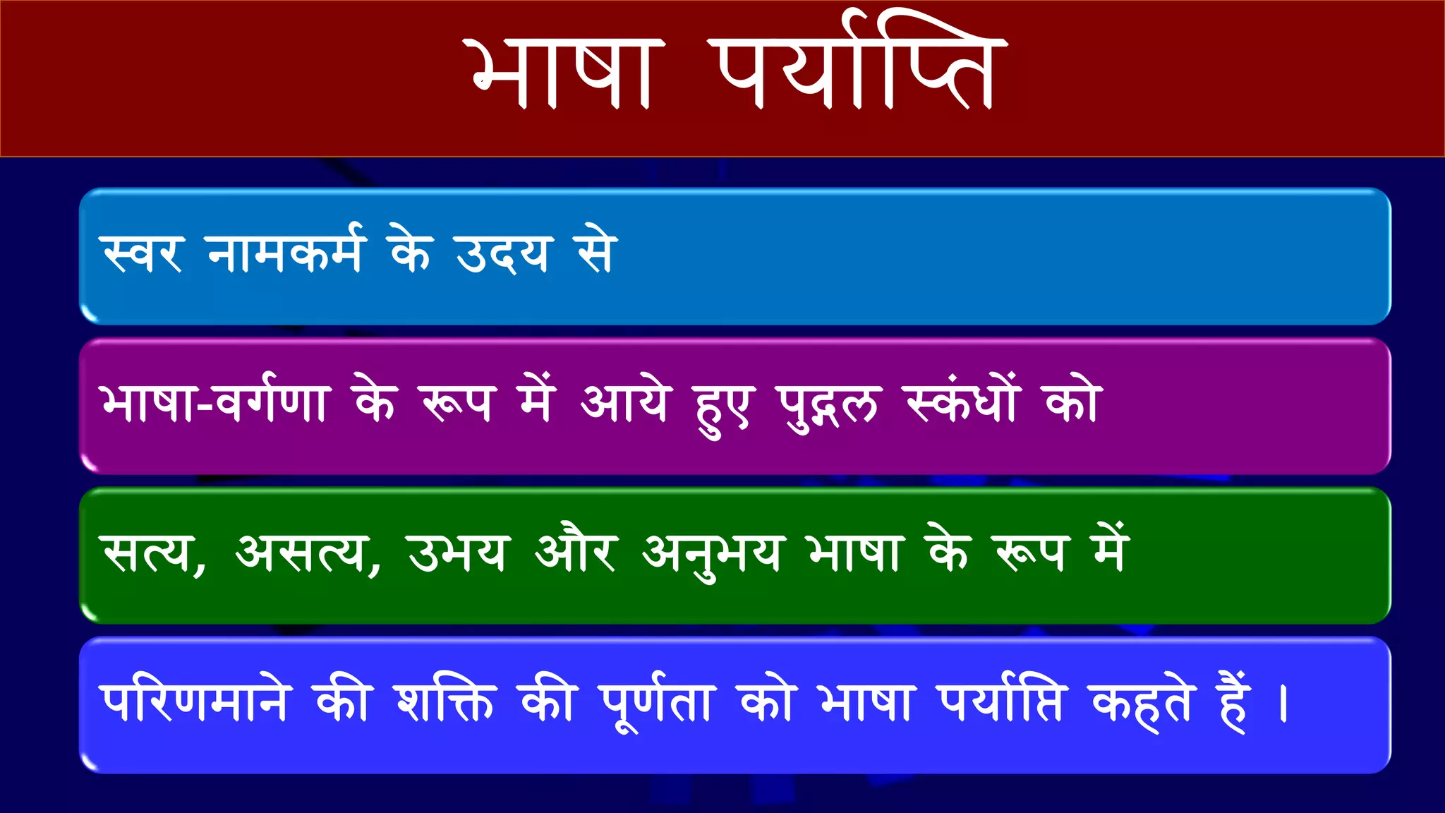 भ ष पय वप्‍त
स्वि ि मकमव के उदय से
भ ष -वगवण के रूप में आ ये हुए पुद्गि स्कं ि ें क े
सत्य, आसत्य, उभय आ ैि आिुभय भ ष के रूप में
परिणम िे की शलक्त की पूणवत क े भ ष पय वनि कहते हैं ।
 