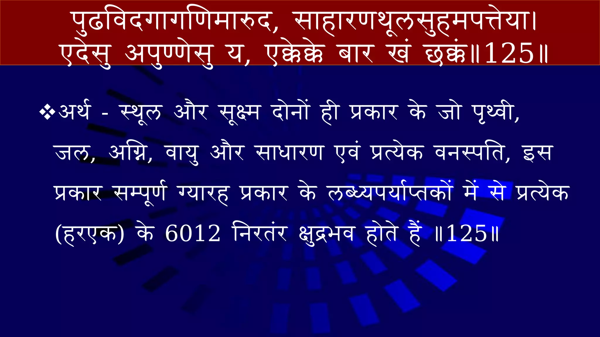 पुढववदग गणणम रुद, स ह िणथूिसुहमपिेय ।
एदेसु आपुण्णेसु य, एक्के क्के ब ि खं छक्कं ॥125॥
❖आथव - स्थूि आ ैि सूक्ष्म द ेि ें ही प्रक ि के ज े पृथ्वी,
जि, आगि, व यु आ ैि स ि िण एवं प्रत्येक विस्पनत, इस
प्रक ि सम्पूणव ग्य िह प्रक ि के िब्ध्यपय व‍तक ें में से प्रत्येक
(हिएक) के 6012 निितंि िुद्रभव ह ेते हैं ॥125॥
 