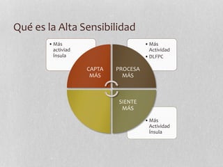 Qué es la Alta Sensibilidad
•Más
Actividad
Ínsula
•Más
Actividad
•DLFPC
•Más
activiad
Ínsula
CAPTA
MÁS
PROCESA
MÁS
SIENTE
MÁS
 
