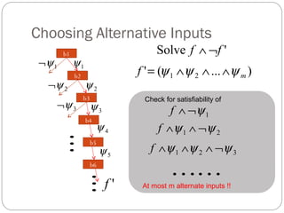 Choosing Alternative Inputs
        b1                            Solve f ∧ ¬f '
 ¬ψ 1        ψ1
             b2                  f ' = (ψ 1 ∧ψ 2 ∧ ... ∧ψ m )
   ¬ψ 2           ψ2
                  b3              Check for satisfiability of
    ¬ψ 3               ψ3                 f ∧ ¬ψ 1
                  b4
                        ψ4             f ∧ ψ 1 ∧ ¬ψ 2
                      b5
                            ψ5      f ∧ ψ 1 ∧ ψ 2 ∧ ¬ψ 3
                       b6


                    f'
                                           
                                  At most m alternate inputs !!
 