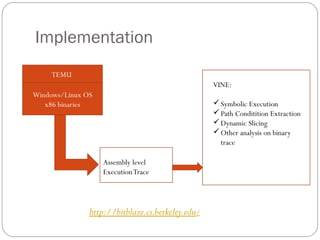 Implementation
     TEMU
                                                  VINE:
Windows/Linux OS
   x86 binaries                                    Symbolic Execution
                                                   Path Conditition Extraction
                                                   Dynamic Slicing
                                                   Other analysis on binary
                                                    trace

                   Assembly level
                   Execution Trace




               http://bitblaze.cs.berkeley.edu/
 