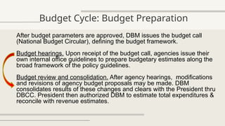 Budget Cycle: Budget Preparation
After budget parameters are approved, DBM issues the budget call
(National Budget Circular), defining the budget framework.
Budget hearings. Upon receipt of the budget call, agencies issue their
own internal office guidelines to prepare budgetary estimates along the
broad framework of the policy guidelines.
Budget review and consolidation. After agency hearings, modifications
and revisions of agency budget proposals may be made. DBM
consolidates results of these changes and clears with the President thru
DBCC. President then authorized DBM to estimate total expenditures &
reconcile with revenue estimates.
 