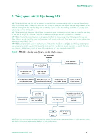 PAS 1192-2:2013
© The British Standards Institution 2013 7
4 Tổng quan về tài liệu trong PAS
LƯU Ý 1 Tài liệu PAS này hợp thức hóa và giải thích rõ hơn về những cách thức quản lý thông tin hiện nay được sử dụng
trong các dự án xây dựng ở Vương quốc Anh. Mục tiêu cụ thể của chính phủ Anh là giảm thiểu tác động của BIM Cấp độ
2 lên các phương thức thực hiện hợp đồng hiện tại. Chương này mô tả cách thức sử dụng các tài liệu và sự tương quan
giữa chúng, như trên Hình 3 và 4.
LƯU Ý 2 Tài liệu PAS này được soạn thảo để dùng chung với tất cả các hình thức hợp đồng. Trong các dự án hay hợp đồng
cụ thể, một tài liệu gọi là “Giao thức – Protocol” sẽ được sử dụng để quy định thứ tự ưu tiên của các tài liệu.
LƯU Ý 3 Có nhiều tài liệu khác nhau được sử dụng giữa chủ đầu tư và nhà cung cấp (tổng thầu) và giữa nhà cung cấp
(tổng thầu) với các cấp khác nhau trong chuỗ cung ứng chuỗi cung ứng của mình. Quản lý các chuổi cung ứng khác nhau
được mô tả trong Phần 5, 6 và 7.
LƯU Ý 4 Để quản lý năng lực, lựa chọn và chuyển giao, nhiều tài liệu khác được sử dụng bởi các nhà cung cấp trong mỗi
cấp cung ứng. Các tài liệu này được hiển thị ở phần dưới của Hình 4 và được mô tả dưới quan điểm về quản lý thông tin,
như ở Mục 6.3. Để biết thêm chi tiết về “quan điểm quản lý thiết kế”, xem hướng dẫn tại BS 7000.
LƯU Ý Hình ảnh minh họa trên đã được đăng ký bản quyền. Các hành vi sao chép và tái sử dụng có thể bị xem là vi phạm
bản quyền. Thông tin về quyền tác giả được ghi rõ trong phần Lời tựa.
Chủ đầu tư (CĐT)
Employer
Hồ sơ Hợp đồng
Contract documents
Văn bản trúng thầu
Appointment
Giao thức BIM
BIM Protocol
Văn bản hợp đồng
Contract
Nội dung công việc
CIC Scope of Services
Kết quả của dự án
Project outputs
Hồ sơ yêu cầu của CĐT
Employer’s requirements
Hồ sơ đề xuất của nhà thầu
Contractor’s proposal
COBie-UK-2012 Kế hoạch công việc
RIBA Plan of work
Tiêu chuẩn
Standards
PAS 1192-2:2013 Thư viện
Libraries
Tài nguyên riêng của dự án
Project specific sources
BEP
MIDP
Các tài liệu khác
Other
Hình 3 – Mối liên hệ giữa hợp đồng và các tài liệu liên quan
 