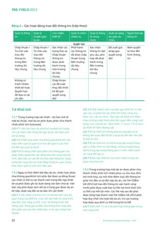 PAS 1192-2:2013
22 © The British Standards Institution 2013
Bảng 2 – Các hoạt động trao đổi thông tin (tiếp theo)
Quản lý thông
tin
Quản lý
chuyển giao
dự án
Chủ nhiệm
thiết kế
Quản lý nhóm
nhiệm vụ
Quản lý thông
tin trong
nhóm
Quản lý tương
tác giữa các
nhóm
Người khởi tạo
thông tin
Quyền hạn
Chấp thuận /
Từ chối việc
trao đổi
thông tin
trong Môi
trường dữ
liệu chung
Chấp thuận /
Từ chối việc
trao đổi
thông tin
trong Môi
trường dữ
liệu chung
Xác nhận các
trạng thái và
Chấp thuận
thông tin
được phát
hành trong
môi trương
dữ liệu
chung
Phát hành
các thông tin
đã được chấp
thuận trong
Môi trường
dữ liệu
chung
Xác nhận
thông tin đạt
yêu cầu, phù
hợp để phát
hành trong
Môi trường
dữ liệu
chung
Đề xuất giải
pháp giải
quyết xung
đột
Nắm quyền
sở hữu Mô
hình thông
tin
Không có
trách nhiệm
thiết kế hoặc
Quyền hạn
để đưa ra các
chỉ dẫn
Chấp thuận
các đề xuất
thay đổi thiết
kế để giải
quyết xung
đột
7.6 Khối tích
7.6.1 Trong trường hợp cần thiết – do hạn chế về
mặt kỹ thuật, một dự án phải được phân chia thành
nhiều khối tích (volumes).
LƯU Ý 1 Việc lựa chọn các khối tích và phân bổ chúng
cho các thành viên trong đội ngũ dự án cần được xem
xét kỹ lưỡng.
LƯU Ý 2 Chiến lược phân chia không gian/khối tích nên
được kiểm soát và quản lý ở mức độ quản lý cao nhất
bởi đội ngũ quản lý dự án.
LƯU Ý 3 Sử dụng chiến lược phân chia không gian cho
phép nhiều người làm việc đồng thời trên cùng một mô
hình, đảm bảo các vấn đề như bảo mật thông tin, dung
lượng file cũng như các hoạt động thông tin quan trọng
khác được quản lý một cách hiệu quả.
7.6.2 Ngay từ thời điểm bắt đầu dự án, chiến lược phân
chia không gian/khối tích phải đạt được sự đồng thuận
cao nhất có thể từ các thành viên trong đội ngũ thiết
kế và phải được ghi lại dưới dạng văn bản chia sẻ. Văn
bản này phải được xem xét lại ở từng giai đoạn dự án
kế tiếp, được sửa đổi và tái bản khi cần thiết.
LƯU Ý 1 Việc phân chia khối tích có thể dựa trên mức độ
quan trọng của thiết kế, ví dụ: kết cấu hoặc lõi công trình;
dựa trên chức năng cụ thể, ví dụ: hệ thống HVAC (hệ
thống sưởi, thông gió và điều hòa không khí); hoặc dựa
trên phân loại cấu kiện chiến lược, ví dụ: gói vỏ bao che
façade.
LƯU Ý 2 Mỗi thành viên của đội ngũ thiết kế có thể
yêu cầu sự phân bổ các khối tích khác nhau tùy
theo nhu cầu cá nhân. Tập hợp các khối tích khác
nhau không nhất thiết phải liên quan đến cùng một
hạng mục của dự án. Xem Hình 11 (mục 7.6.3) về ví
dụ thiết kế hầm đường sắt.
LƯU Ý 3 Các khối tích không phải là vùng bản vẽ và
không liên quan đến độ lớn của dự án thể hiện trên bất
kỳ bản vẽ nào.
LƯU Ý 4 Các khối tích có thể bị trùng lặp trong không
gian 2 chiều (nhìn từ mặt bằng), nhưng chúng không
thể bị trùng lặp trong không gian 3 chiều nhằm tránh
các xung đột xảy ra.
LƯU Ý 5 Đội ngũ thiết kế chịu trách nhiệm trong việc
phân chia khối tích.
7.6.3 Trong trường hợp một dự án được phân chia
thành nhiều khối tích nhằm phục vụ cho mục đích
mô hình hóa, tại mỗi thời điểm trao đổi thông tin
giữa chủ đầu tư và đội ngũ dự án, các file COBie-
UK-2012 (về trao đổi thông tin vận hành công
trình) phải được xuất bản từ file mô hình khối tích
cụ thể của mỗi bộ môn. Các file này sau đó phải
được tổng hợp thành một file COBie-UK-2012 phối
hợp duy nhất cho toàn bộ dự án, trừ các trường
hợp được quy định cụ thể trong hồ sơ EIR.
LƯU Ý Xem Hình 12 về ví dụ phối hợp không gian trong
một công trình.
 