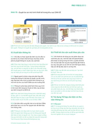 PAS 1192-2:2013
© The British Standards Institution 2013 35
LƯU Ý Hình ảnh minh họa trên đã được đăng ký bản quyền. Các hành vi sao chép và tái sử dụng có thể bị xem là vi phạm
bản quyền. Thông tin về quyền tác giả được ghi rõ trong phần Lời tựa.
9.5 Xuất bản thông tin
9.5.1 Chủ đầu tư hoặc người đại diện của chủ đầu tư
(có thể là chủ nhiệm thiết kế hoặc nhà thầu chính)
phải ký duyệt thông tin và yêu cầu xuất bản.
LƯU Ý Phải nhận thấy rằng có một số hình thức hợp đồng làm
quá trình này trở nên khó khăn. Trong những trường hợp
này, cần thể hiện rõ ràng để chủ đầu tư (là một phần trong
đội chuyển giao) có trách nhiệm thực hiện các quy trình. Điều
này nên được ghi lại trong hồ sơ EIR và kế hoạch BEP.
9.5.2 Người quản lý nhóm công việc phải thay đổi
trạng thái thông tin đã được ký duyệt của đội mình,
cập nhật bản hiệu chỉnh và phát hành thông tin và
mô hình tới khu vực XUẤT BẢN của môi trường CDE.
9.5.3 Thông tin phải được phát hành theo quy trình
ở trên dưới định dạng kỹ thuật số. Điều này sẽ được
xác định trong hồ sơ EIR (5.3).
LƯU Ý Việc phát hành thông thường nên ở dưới bốn dạng
dữ liệu, gồm có: các file BIM nguyên bản, biểu diễn xung
đột (phù hợp với công cụ xem file được chọn trước), các
tài liệu và bản vẽ 2D như PDF, và các dữ liệu COBie.
9.5.4 Các biểu diễn xung đột, bản vẽ và dữ liệu COBie
phải được tạo ra từ các file nguyên bản để đảm bảo
tính thống nhất.
LƯU Ý Thông tin nên được kiểm tra hoàn thành và phát
hành tới người nhận thông qua một hệ thống phối hợp để
đảm bảo an toàn và nguyên vẹn. Các công cụ giúp tự động
hóa quy trình kiểm tra liên tục được bổ sung trên trang web
Task Group tại http://www.bimtaskgroup.org.
9.6 Thiết kế cho sản xuất theo yêu cầu
9.6.1 Khi thiết kế cần dùng các sản phẩm được sản
xuất theo yêu cầu, một bản đặt chỗ (placeholder)
phải được sử dụng trong mô hình, sự phân bổ khối
tích cho bản đặt chổ này phù hợp để lắp đặt thiết bị
sau này, bao gồm cả các kết nối cần thiết (giao diện),
tiếp cận để lắp đặt, bảo trì và thay thế.
LƯU Ý 1 Điều này dẫn đến việc áp dụng các “qui trình
kỹ thuật” theo sau.
LƯU Ý 2 Sử dụng bản đặt chỗ với khối tích tương đương
cho các sản phẩm sản xuất theo yêu cầu cho phép đội ngũ
thiết kế và nhà sản xuất làm việc song song và tránh các
cập nhật không cần thiết cho mô hình phối hợp không
gian.
LƯU Ý 3 Các mô hình thi công ảo không nhất thiết phải
chứa cùng mức độ chi tiết như mô hình sản xuất của
sản phẩm được yêu cầu, mà mỗi hoặc mọi thành phần
tạo ra sản phẩm có thể cần được mô hình hóa cho các
mục đích sản xuất.
9.7 Sử dụng Tổ hợp cấu kiện và thư
viện thông tin
9.7.1 Tổng quan
LƯU Ý 1 Sử dụng hệ thống Thư viện để lưu trữ, quản lý
và chia sẻ các tổ hợp cấu kiện hay một phần cấu kiện là
chìa khóa để nâng cao hiệu suất của hầu hết các công
cụ BIM. Chúng cũng là nơi hữu ích để lưu giữ nhiều bài
học kinh nghiệm cho các dự án tương lai
1. Tạo mô hình liên hợp từ các mô hình của
từng bộ môn
2. Kết hợp các file thông tin trao đổi COBIE
vào một file.
Phù hợp S0 Hiệu chỉnh Pnn.n
1. Kiểm tra mức độ hoàn thiện của mô
hình liên hợp so với yêu cầu của giai
đoạn thiết kế
2. Thay đổi mã trạng thái “Phù hợp cho
(Suitability)” cho mô hình liên hợp sang
S3 (Phù hợp cho Nội bộ đánh giá và cho
ý kiến) và thiết lập dạng hiệu chỉnh Pnn
3. Chia sẻ biểu diễn của mô hình liê hợp
4. Kiểm tra thông tin trao đổi COBIE và các
tài liệu khác theo yêu cầu của giai đoạn
thiết kế
5. Thay đổi mã trạng thái “Phù hợp cho”
của thông tin trao đổi và tài liệu sang S3
và chuyển Hiệu chỉnh sang Pnn
6. Phê duyệt tất cả các hạng mục được
chia sẻ đáp ứng với mã “Phù hợp cho”
hiện tại
CHỦTRÌTHIẾTKẾKiểmtra,XemxétvàPhêduyệt
CÔNG VIỆC ĐANG TIẾN HÀNHCHIA SẺ
Phù hợp S0 Hiệu chỉnh Pnn
4. Mô hình gốc và biểu diễn xung đột
5. Thông tin trao đổi COBIE
6. Hệ thống tài liệu
Chủ trì Thiết kế
Hình 19 – Duyệt lại các mô hình thiết kế trong khu vực CHIA SẺ
 