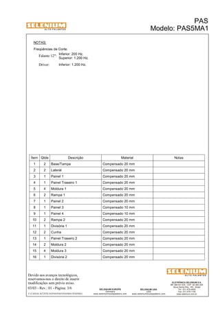 A L T O - F A L A N T E S 
NOTAS: 
Freqüências de Corte: 
Inferior: 200 Hz. 
Falante 12": 
Driver: Inferior: 1.200 Hz. 
Superior: 1.200 Hz. 
Ítem Qtde Descrição Material Notas 
1 2 Base/Tampa Compensado 20 mm 
2 2 Lateral Compensado 20 mm 
3 1 Painel 1 Compensado 20 mm 
4 1 Painel Traseiro 1 Compensado 20 mm 
5 4 Moldura 1 Compensado 20 mm 
6 2 Rampa 1 Compensado 20 mm 
7 1 Painel 2 Compensado 20 mm 
8 1 Painel 3 Compensado 10 mm 
9 1 Painel 4 Compensado 10 mm 
10 2 Rampa 2 Compensado 20 mm 
11 1 Divisória 1 Compensado 20 mm 
12 2 Cunha Compensado 20 mm 
13 1 Painel Traseiro 2 Compensado 20 mm 
14 2 Moldura 2 Compensado 20 mm 
15 4 Moldura 3 Compensado 20 mm 
16 1 Divisória 2 Compensado 20 mm 
Devido aos avanços tecnológicos, 
reservamos-nos o direito de inserir 
modificações sem prévio aviso. 
PAS 
Modelo: PAS5MA1 
ELETRÔNICA SELENIUM S.A. 
BR 386 Km 435 - CEP: 92.480-000 
Nova Santa Rita - RS - Brasil 
Tel.: (51) 479-4000 
Fax: (51) 479-1150 
www.selenium.com.br 
SELENIUM USA 
USA 
www.seleniumloudspeakers.com 
SELENIUM EUROPE 
Germany 
www.seleniumloudspeakers.com 
A L T O - F A L A N T E S 
03/03 - Rev.: 01 - Página: 3/6 
F:CAIXAS ACÚSTICASPASPAS5PAS5MA1PAS5MA1 
 