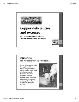 2013 PASA Conference                                            2/7/2013




                         Copper deficiencies
                         and excesses
                         SUSAN SCHOENIAN AND JEFF SEMLER
                         UNIVERSITY OF MARYLAND EXTENSION




                        Copper (Cu)
                        Why we think it’s an important topic.

                       • Sheep are very susceptible
                         to copper toxicity.
                       • Sheep and goats differ
                         significantly in their copper
                         requirements and
                         tolerance for excess
                         copper in their diet.
                       • Raising sheep and goats
                         together presents some
                         challenges from the
                         standpoint of copper
                         nutrition.




Susan Schoenian and Jeff Semler                                       1
 