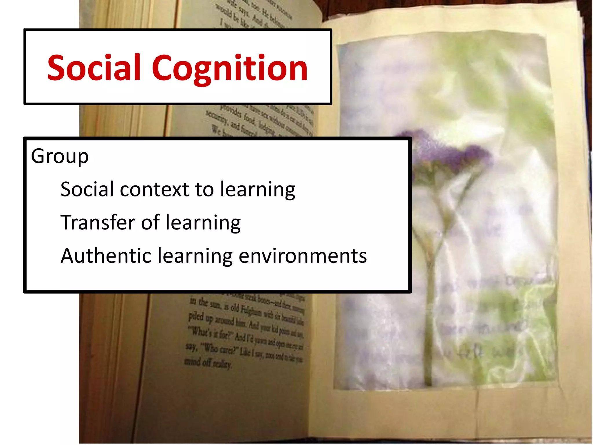 Social Cognition 
Group 
Social context to learning 
Transfer of learning 
Authentic learning environments 
 