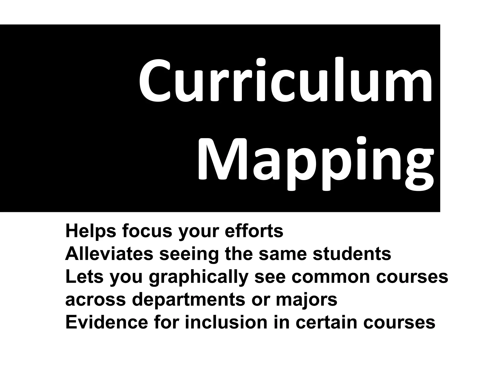 http://www.flickr.com/photos/markandrewwebber/ 
Curriculum Mapping 
Helps focus your efforts 
Alleviates seeing the same students 
Lets you graphically see common courses across departments or majors 
Evidence for inclusion in certain courses  