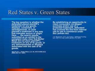 Red States v. Green States The key question is whether the defendant placed plaintiff’s trademark on any goods, displays, containers, or advertisements, or used plaintiff’s trademark in any way that indicates source or origin. Here . . . the search results submitted as an exhibit to the complaint make clear that Better Metal did not place plaintiff’s . . .  trademark on any of its goods, or any advertisements or displays associated with the sale of its goods.  Site Pro-Inc. v. Better Metal, LLC, No. 06-CV-6508 (ILG) (RER) (E.D. N.Y. 2007) By establishing an opportunity to reach consumers via alleged purchase and/or use of a protected trademark, defendant has crossed the line from internal use to use in commerce under the Lanham Act. J.G. Wentworth, S.S.C. Ltd. P’ship v. Settlement Funding, LLC, 2007 U.S. Dist. LEXIS 288 (E.D. Pa. 2007)  