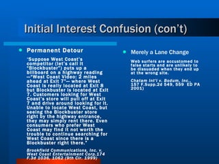 Initial Interest Confusion (con’t) Permanent Detour “ Suppose West Coast’s competitor (let’s call it “Blockbuster”) puts up a billboard on a highway reading—“West Coast Video: 2 miles ahead at Exit 7”— where West Coast is really located at Exit 8 but Blockbuster is located at Exit 7. Customers looking for West Coast’s store will pull off at Exit 7 and drive around looking for it. Unable to locate West Coast, but seeing the Blockbuster store right by the highway entrance, they may simply rent there. Even consumers who prefer West Coast may find it not worth the trouble to continue searching for West Coast since there is a Blockbuster right there.” Brookfield Communications, Inc. v. West Coast Entertainment Corp.174 F.3d 1036, 1062 (9th Cir. 1999) Merely a Lane Change Web surfers are accustomed to false starts and are unlikely to be dissuaded when they end up at the wrong site.  Chatam Int'l v. Bodum, Inc. , 157 F.Supp.2d 549, 559  ED PA 2001)   