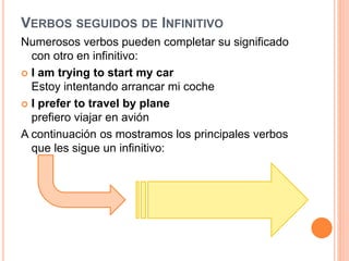 VERBOS SEGUIDOS DE INFINITIVO
Numerosos verbos pueden completar su significado
con otro en infinitivo:
 I am trying to start my car
Estoy intentando arrancar mi coche
 I prefer to travel by plane
prefiero viajar en avión
A continuación os mostramos los principales verbos
que les sigue un infinitivo:
 