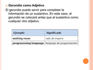  Gerundio como Adjetivo
El gerundio puede servir para completar la
información de un sustantivo. En este caso, el
gerundio se colocará antes que el sustantivo como
cualquier otro adjetivo.
 