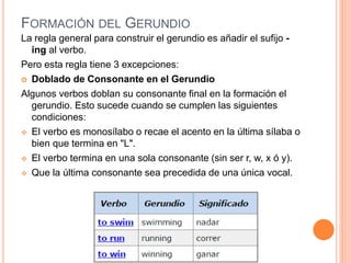 FORMACIÓN DEL GERUNDIO
La regla general para construir el gerundio es añadir el sufijo -
ing al verbo.
Pero esta regla tiene 3 excepciones:
 Doblado de Consonante en el Gerundio
Algunos verbos doblan su consonante final en la formación el
gerundio. Esto sucede cuando se cumplen las siguientes
condiciones:
 El verbo es monosílabo o recae el acento en la última sílaba o
bien que termina en "L".
 El verbo termina en una sola consonante (sin ser r, w, x ó y).
 Que la última consonante sea precedida de una única vocal.
 