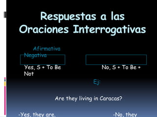 Respuestas a las
Oraciones Interrogativas
Afirmativa
Negativa
Yes, S + To Be
Not

No, S + To Be +
Ej:

Are they living in Caracas?

-Yes, they are.

-No, they

 