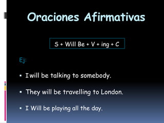 Oraciones Afirmativas
S + Will Be + V + ing + C
Ej:

 I will be talking to somebody.

 They will be travelling to London.
 I Will be playing all the day.

 