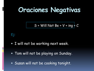 Oraciones Negativas
S + Will Not Be + V + ing + C
Ej:

 I will not be working next week.
 Tom will not be playing on Sunday.

 Susan will not be cooking tonight.

 