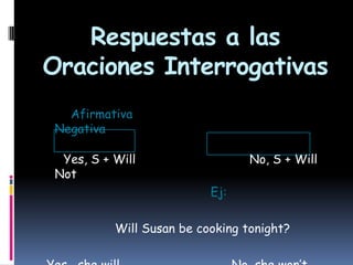 Respuestas a las
Oraciones Interrogativas
Afirmativa
Negativa
Yes, S + Will
Not

No, S + Will
Ej:

Will Susan be cooking tonight?

 