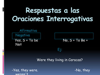 Respuestas a las
Oraciones Interrogativas
Afirmativa
Negativa
Yes, S + To be
Not

No, S + To Be +

Ej:
Were they living in Caracas?
-Yes, they were.

-No, they

 