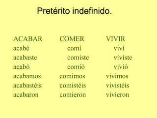 Pretérito indefinido.


ACABAR        COMER        VIVIR
acabé           comí          viví
acabaste        comiste       viviste
acabó           comió         vivió
acabamos      comimos      vivimos
acabastéis    comistéis    vivistéis
acabaron      comieron     vivieron
 