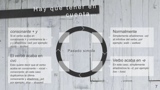 7
Pasado simple
Normalmente
Simplemente añadiremos –ed
al infinitive del verbo; por
ejemplo: walk – walked.
Verbo acaba en -e
En este caso, simplemente
añadiremos la –d; por ejemplo:
live – lived.
consonante + y
Si el verbo acaba en
consonante + y omitiremos la –
y y añadimos –ied; por ejemplo:
study – studied.
El verbo acaba en
cvc
Esto quiere decir que el verbo
acaba en consonante – vocal –
consonante; en este caso
duplicamos la última
consonante y añadimos –ed;
por ejemplo: stop – stopped.
 