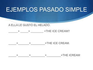 EJEMPLOS PASADO SIMPLE
A ELLA LE GUSTÓ EL HELADO.
______+ _____+ ________ +THE ICE CREAM?
_____+_______+_________+THE ICE ...
