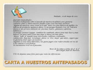 

   
                                                    Maliaño , 16 de mayo de 2012
       
   Queridos tatarabuelos:
   Estamos trabajando sobre el pasado de nuestra localidad y nos gustaría
   contaros cómo es ahora nuestro pueblo y que cosas hacemos nosotros.
   Alguna de nuestras casas están en lo que antes era una fábrica de palillos. La
   fábrica de productos químicos ahora es un parque llamado Cros. La Vidriera
   ahora es un servicio cultural con piscinas, teatro , gimnasio cafetería,
   biblioteca…
   El parque Lorenzo Cagigas también ha cambiado, ahora tiene más luces y más
   bancos. Los pisos antes eran más bajos y ahora son más altos.
   Ahora todo el mundo tiene televisiones, teléfonos, ordenador,
   calefacción…hay más tecnología ahora se vive mejor que antes , seguro que
   te gustaría estar aquí con nosotros.
   Jugamos a cosas muy diferentes, nos gusta jugar a las video-consolas en vez de
   a las canicas o a la peonza.
   Os encantaría vivir en el presente.

                                               Besos de los niños y niñas de 3º. Y 4º
                                                       del Colegio Juan de Herrera

   P.D. Os dejamos unas fotos para que veáis las diferencias.




CARTA A NUESTROS ANTEPASADOS
 