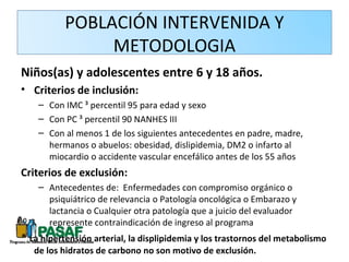 POBLACIÓN INTERVENIDA Y
                METODOLOGIA
Niños(as) y adolescentes entre 6 y 18 años.
• Criterios de inclusión:
    – Con IMC ³ percentil 95 para edad y sexo
    – Con PC ³ percentil 90 NANHES III
    – Con al menos 1 de los siguientes antecedentes en padre, madre,
      hermanos o abuelos: obesidad, dislipidemia, DM2 o infarto al
      miocardio o accidente vascular encefálico antes de los 55 años
Criterios de exclusión:
    – Antecedentes de: Enfermedades con compromiso orgánico o
      psiquiátrico de relevancia o Patología oncológica o Embarazo y
      lactancia o Cualquier otra patología que a juicio del evaluador
      represente contraindicación de ingreso al programa
* La hipertensión arterial, la displipidemia y los trastornos del metabolismo
   de los hidratos de carbono no son motivo de exclusión.
 