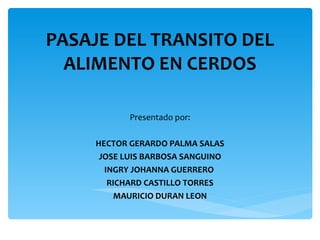 PASAJE DEL TRANSITO DEL ALIMENTO EN CERDOS Presentado por: HECTOR GERARDO PALMA SALAS JOSE LUIS BARBOSA SANGUINO INGRY JOHANNA GUERRERO  RICHARD CASTILLO TORRES MAURICIO DURAN LEON 