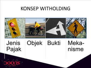 KONSEP WITHOLDING
Jenis
Pajak
Objek Bukti Meka-
nisme
 